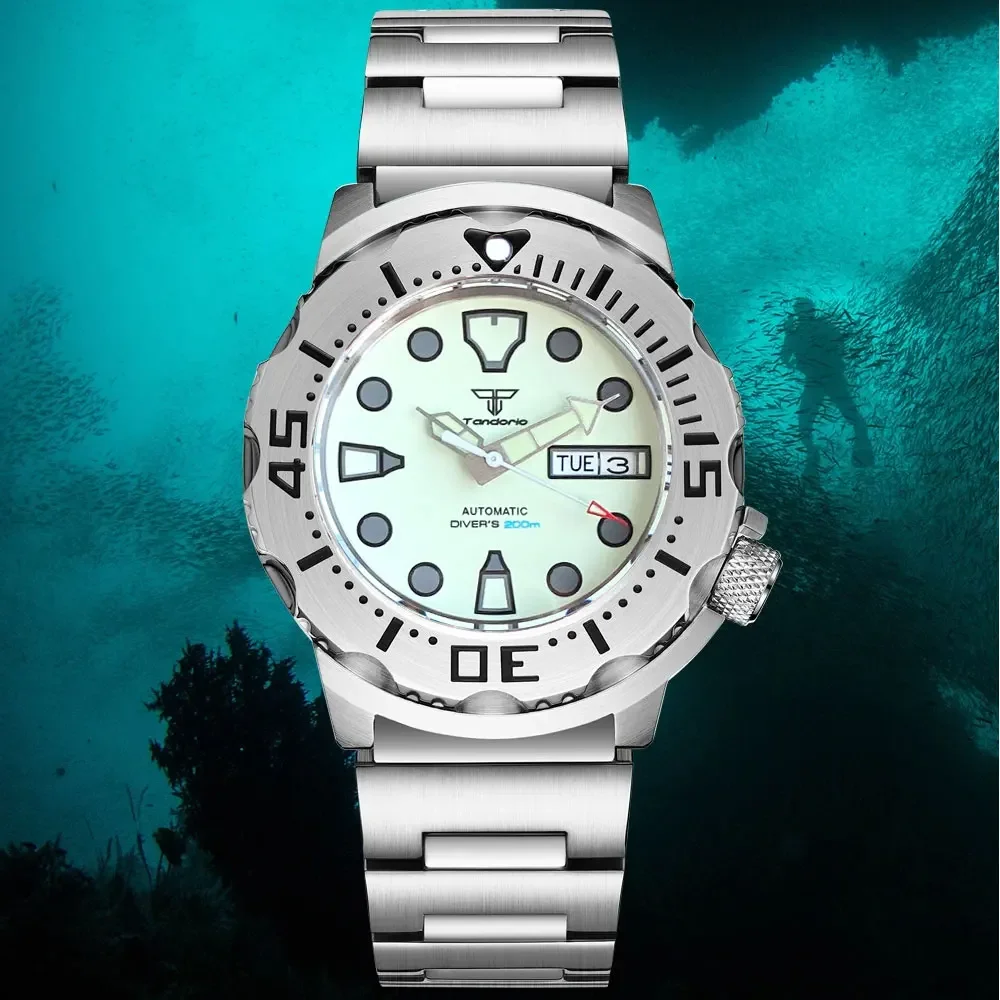 42mm Tandorio AR Sapphire Glass 20Bar Monster NH36 Mechanical Automatic Men Watch Green Luminous 3.8 o'clock Date Week Display
