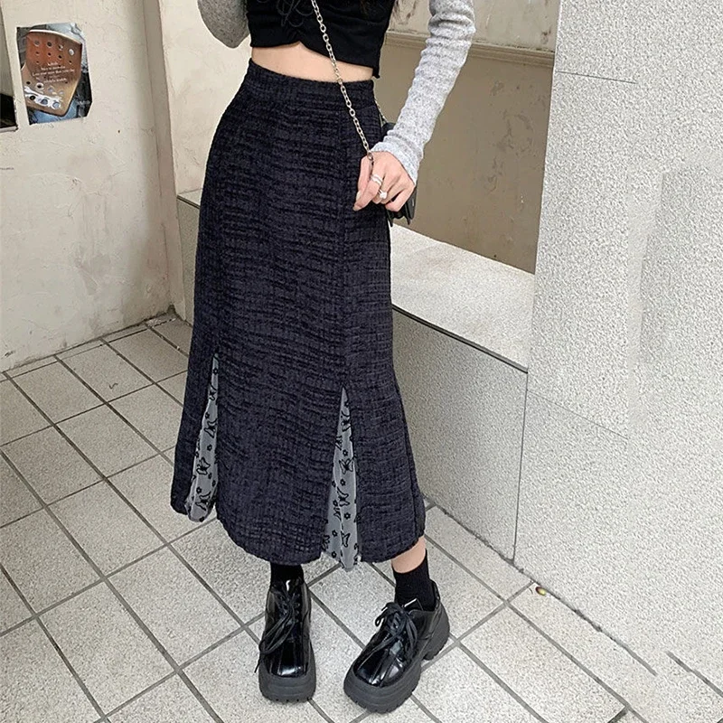 

New High Waist Split Mermaid Skirt Female Vintage Printed Chiffon Patchwork Black Skirts Women Elegant Autumn Winter Long Skirt