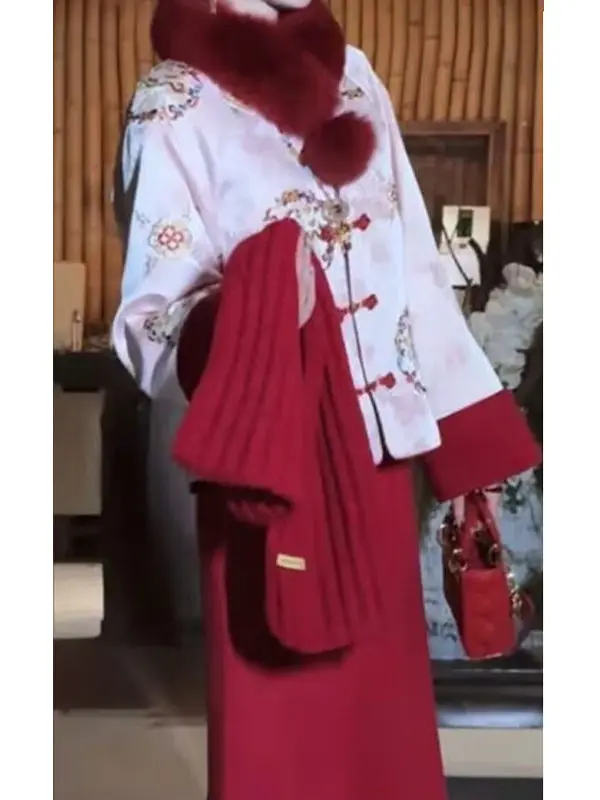 

Red New Chinese Sle Embroidered down Cotton Jaet Skirt Set Women's Faion Winter Ensemble Long Sve irt Vintage Look