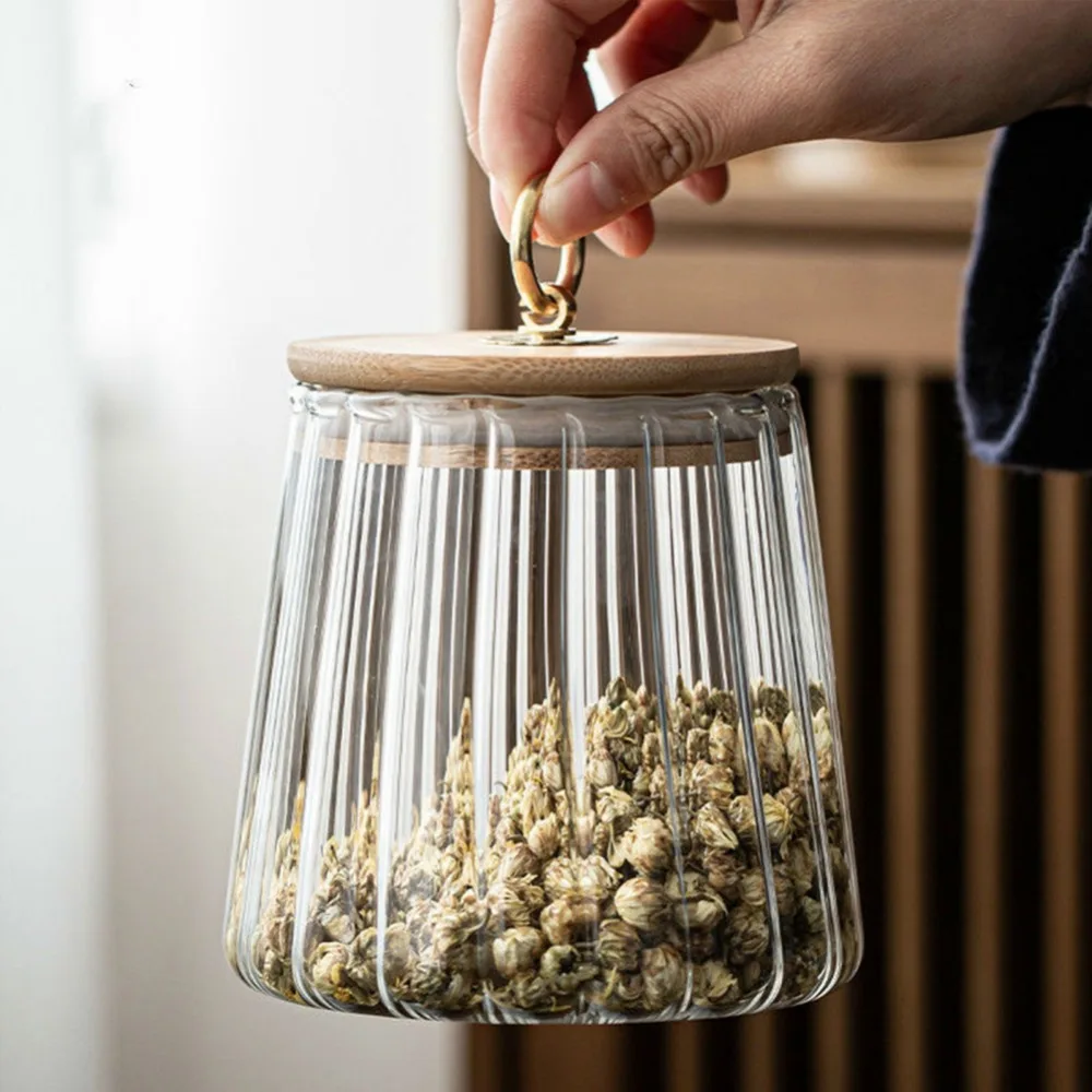 Food Container Kitchen Storage Bottles Jar Glass Airtight Canister Grains Tea Coffee Beans Grains Candy Jars Wood Lid Containers