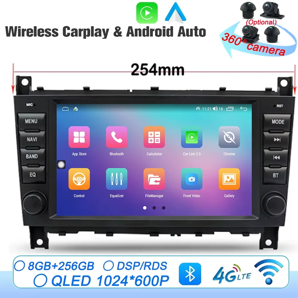 

Carplay Auto Android 14.0 For Benz CLK W203 W209 2005-2012 254mm IPS Car DVD Player GPS map WIFI BT RDS Radio Multimedia Player
