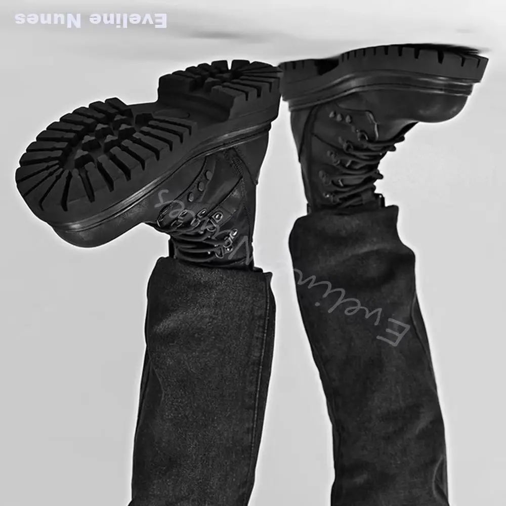 Vintage Rivet Buckle Platform Combat Boots Men Lace Up Round Gothic Punk Mid Calf Moto Boots Y2K Street Outdoor Dark Ankle Boots