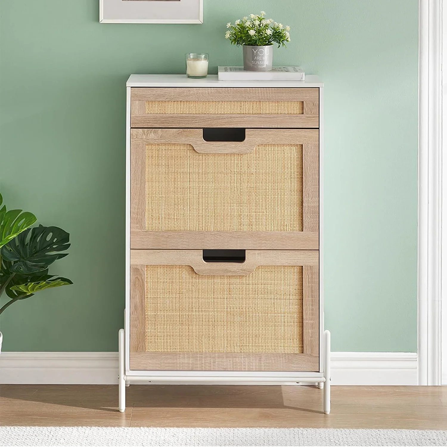 Hidden Rattan Shoe Cabinet With 2 Flip Doors 1 Drawer Narrow Entryway Shoe Storage Freestanding