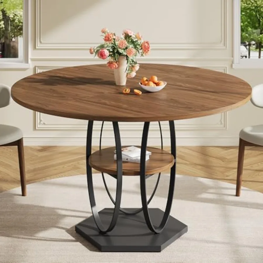 

47 Inch Round Dining Table for 4-6 People Modern Wooden Table with Sturdy Metal Pedestal Base Easy Assembly Kitchen Dining Room