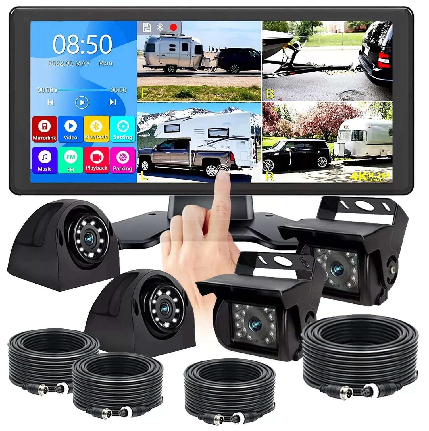 IPoster 10-inch Touch Screen Quad Monitor 360° Front And Rear View + Side View Reversing Camera DVR For Trucks RV