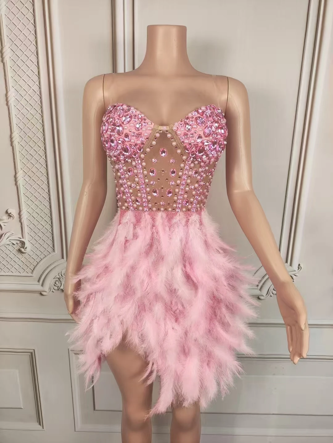 

Sparkle Rhinestone Feather Sexy Brown NudeMesh Dress Women Elegant Evening Party BirthdayPerformance Photoshoot Costume D239