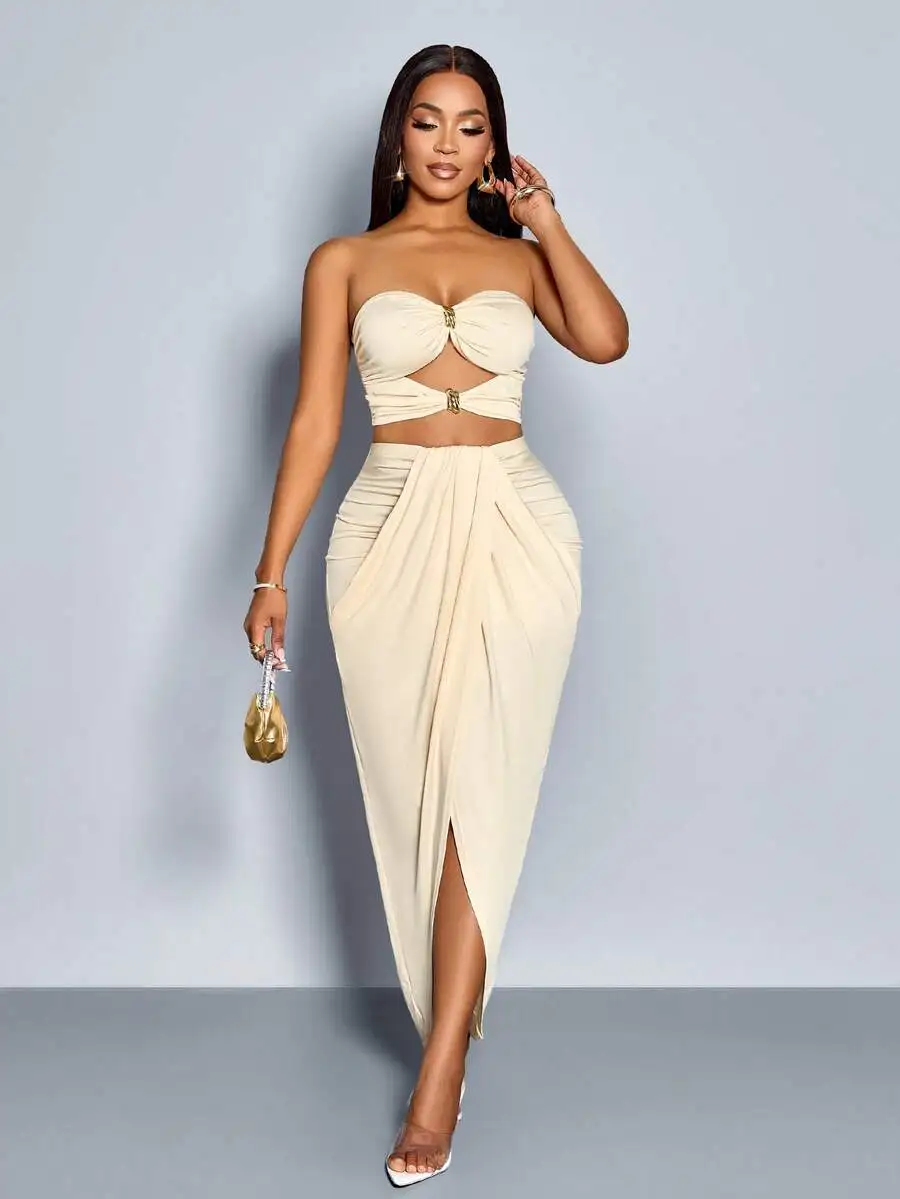 

Женский комплект: топ без бретелек с вырезами и юбка миди с высоким разрезом, элегантный повседневный наряд из двух предметов