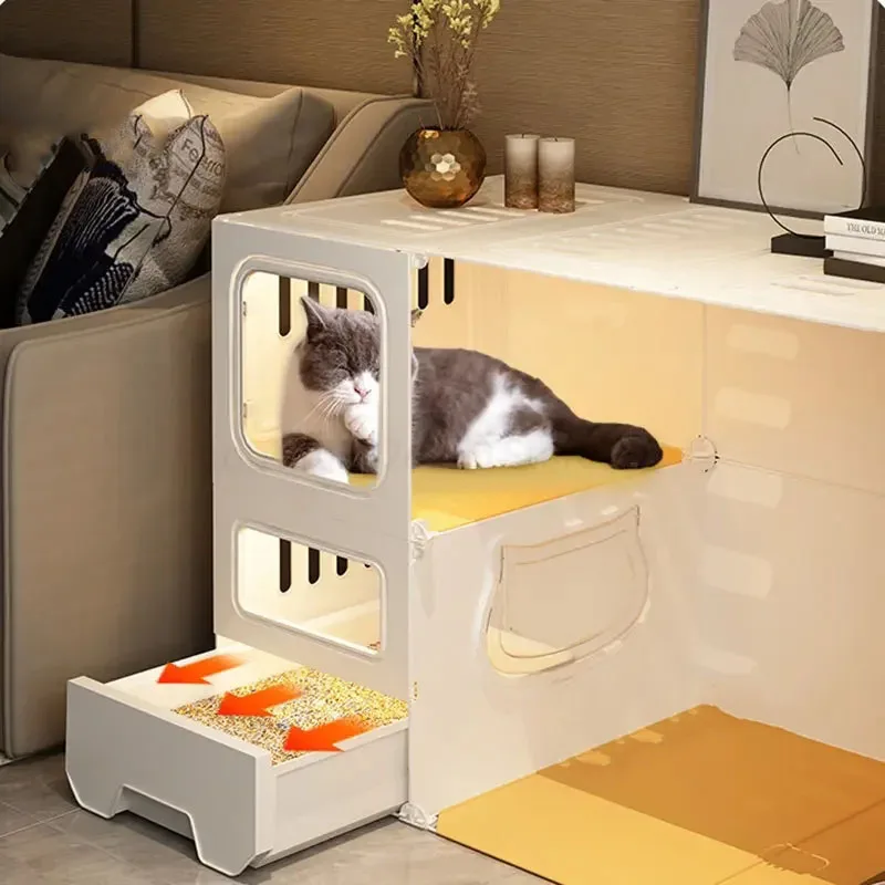 Home Cat Cages Cat Litter Box Integrated Transparent Cat Villa Indoor Fence Pet Cabinet with Closed Toilet Pet House Ek