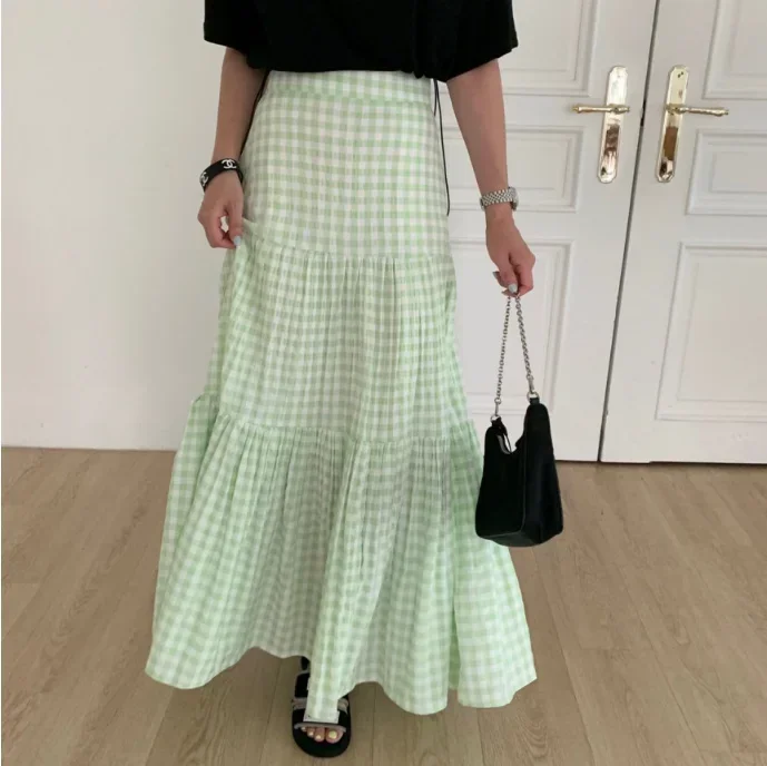 Cottagecore Gingham Maxi Skirt for Women Plaid Print Elastic Waist Flowy Tiered Long Skirt Vintage Outfit