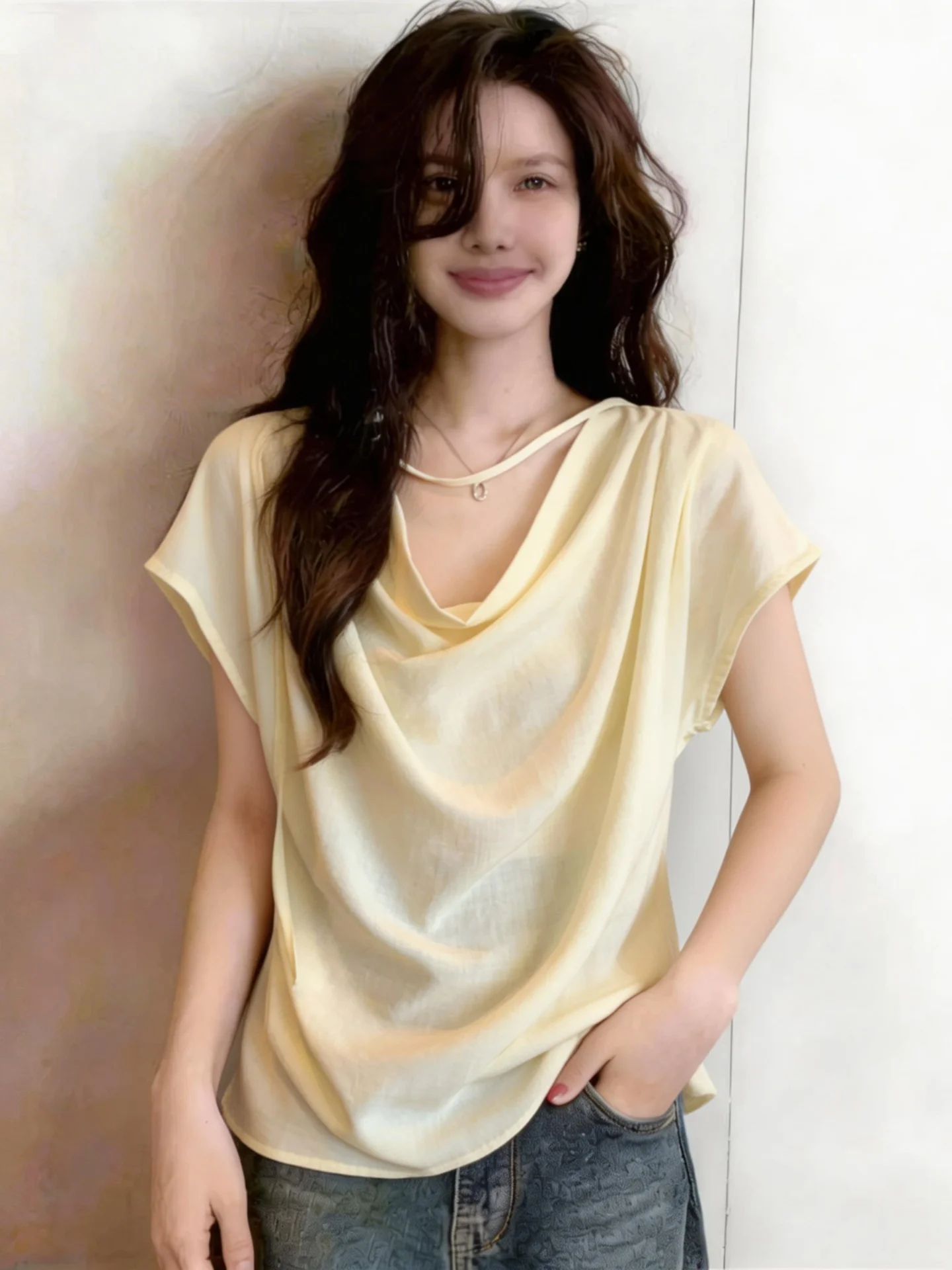 

Slimming Short Sleeve Neck Hanging Women's Chiffon Shirt Summer Base Layer Flared Collar Korean Style Office Commute Fashion