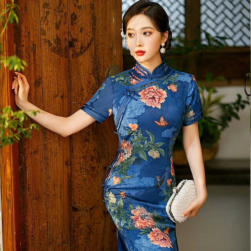 

Large Size 3XL-5XL Cheongsam 2022 Summer Chinese Style Dress Print Flower Elegant Formal Party Gown Side Split Long Qipao