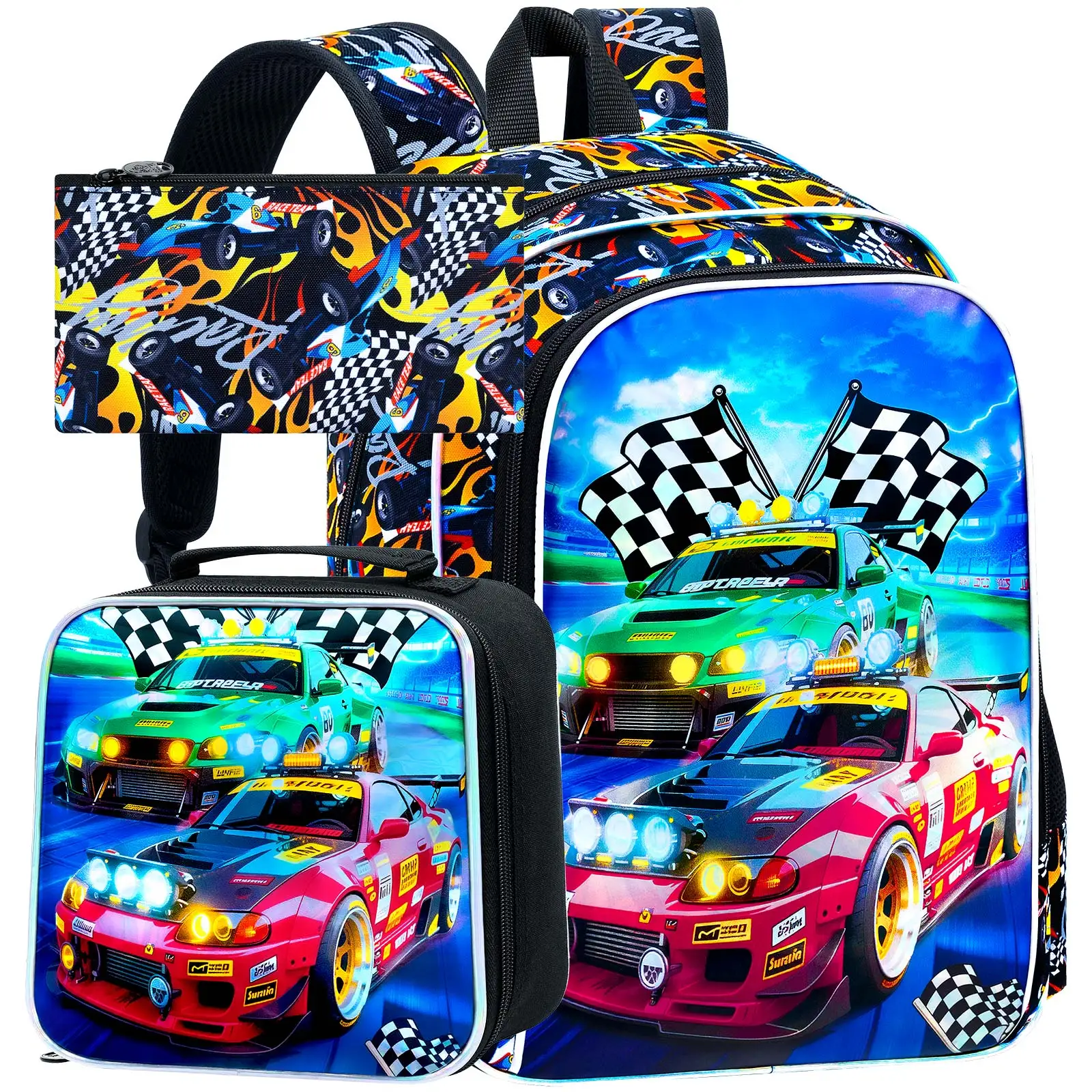 

3PCS Boys Truck Backpack, 16" Kids Car Bookbag with Lunch Box, Elementary Preschool Toddler School Bag.