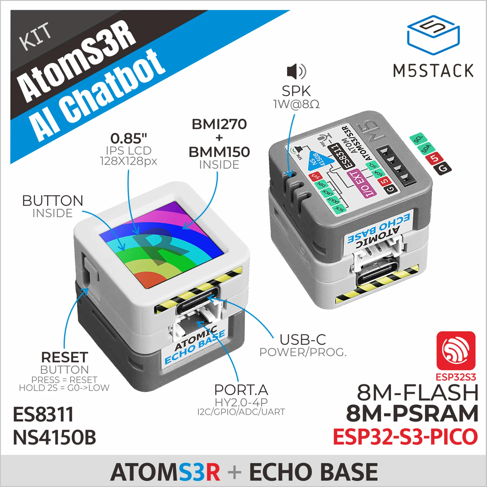 M5Stack Official AtomS3R AI Chatbot Voice Assistant Development Kit ESP32-S3 8MB PSRAM Microphone Speaker 9-Axis IMU OpenAI