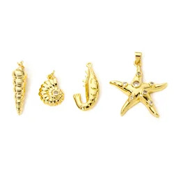 2pcs New Brass Charms Gold Color Ocean Shell Lobster Star Fish Clear Cubic Zirconia Pendants DIY Necklace For Women Jewelry
