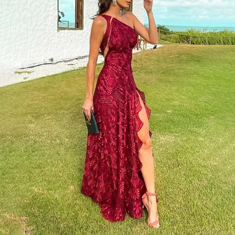 Burgundy Long Evening Dresses for Women One-Shoulder Floor-Length A-Line Elegant Prom Party Gala Special Events Dress 2024 New