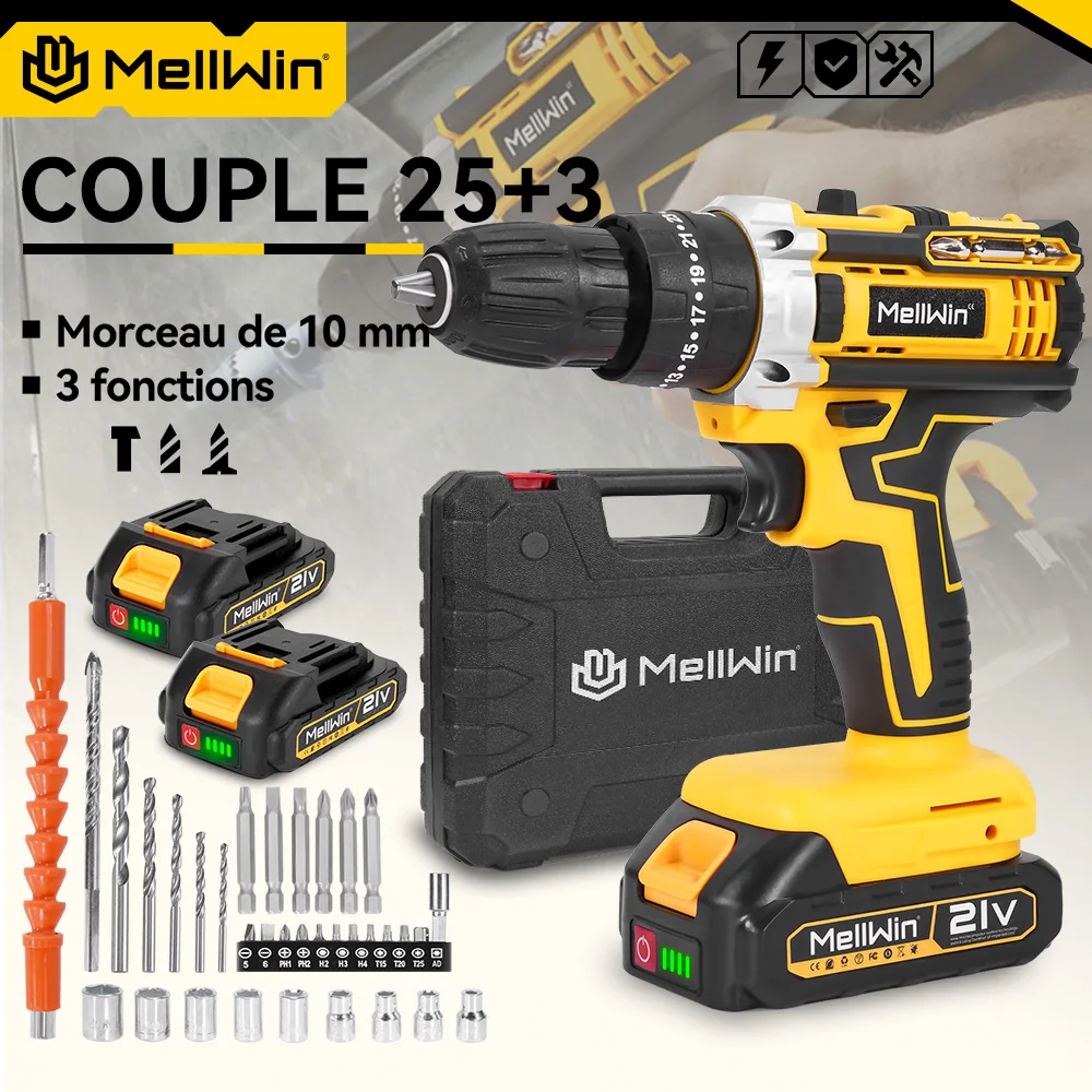 MELLWIN – perceuse à percussion électrique à couple 25 + 3, tournevis électrique sans fil polyvalent, outil électrique de bricolage pour broche de batterie Makita 18V