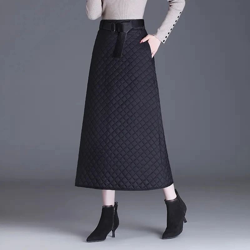 Women's Casual Windproof Warm Skirt,High Waist,Black Wrap Slit,Resistant Cotton, A-line Skirt, Spring, Autumn, Winter, New, 2024