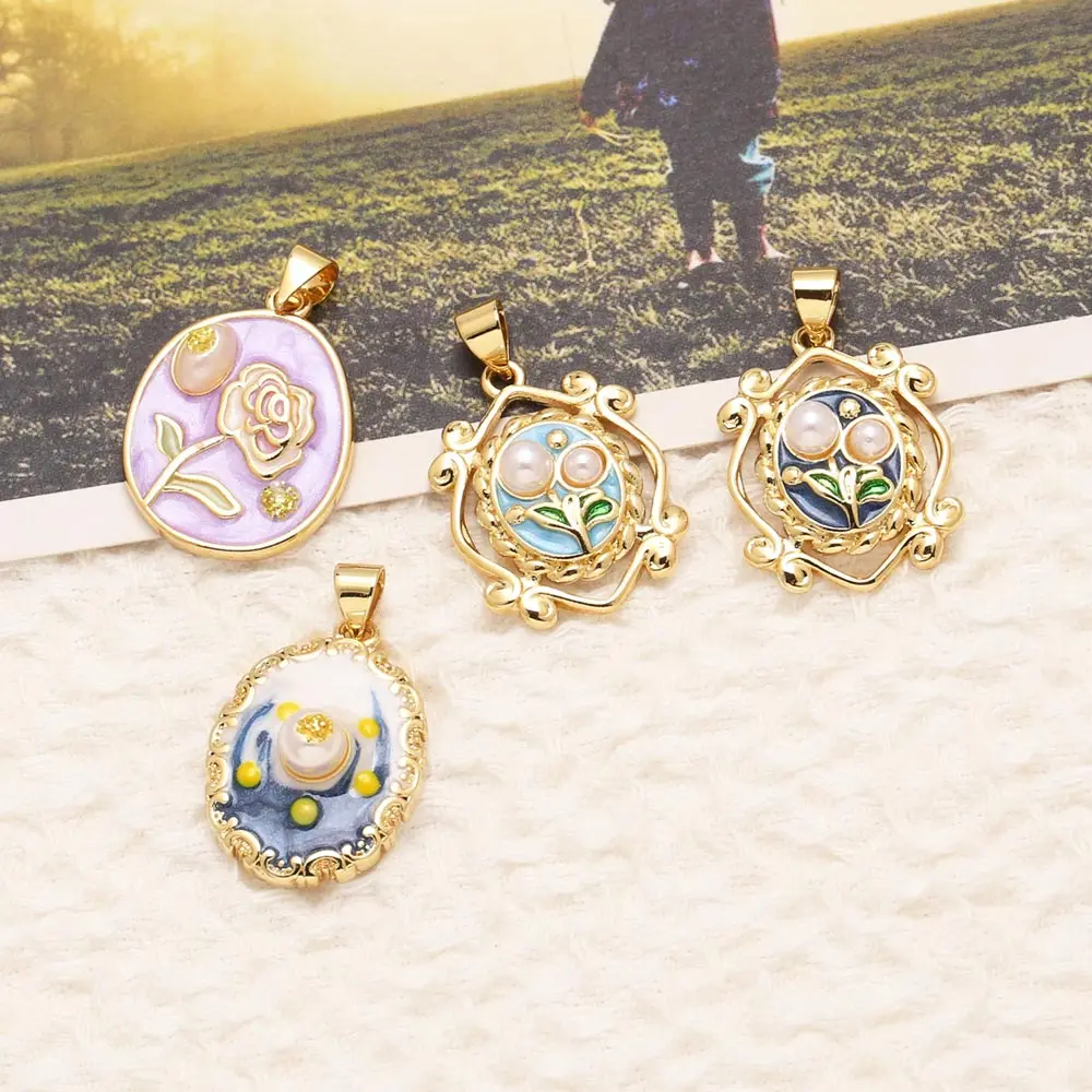 OCESRIO Multicolor Graffiti Enamel Bead Flower Pendant for Necklace Copper Gold Plated Handmade Jewelry Making Supplies pdtb272