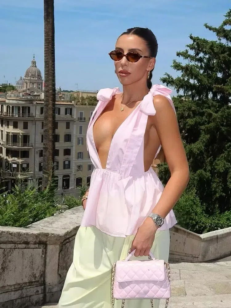

HH Women Summer White Bow Wrinkles Decorate Elegant Top Female High Street Sexy Sleeveless Backless Deep V-Neck Fashion Tops