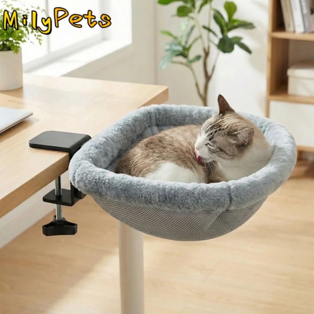 Creative Semi-Circular Cat Table Bed Space Saving Detachable Folding Cat Bed Soft Non-Slip Clamp Cat Desk Hammock Computer Desk