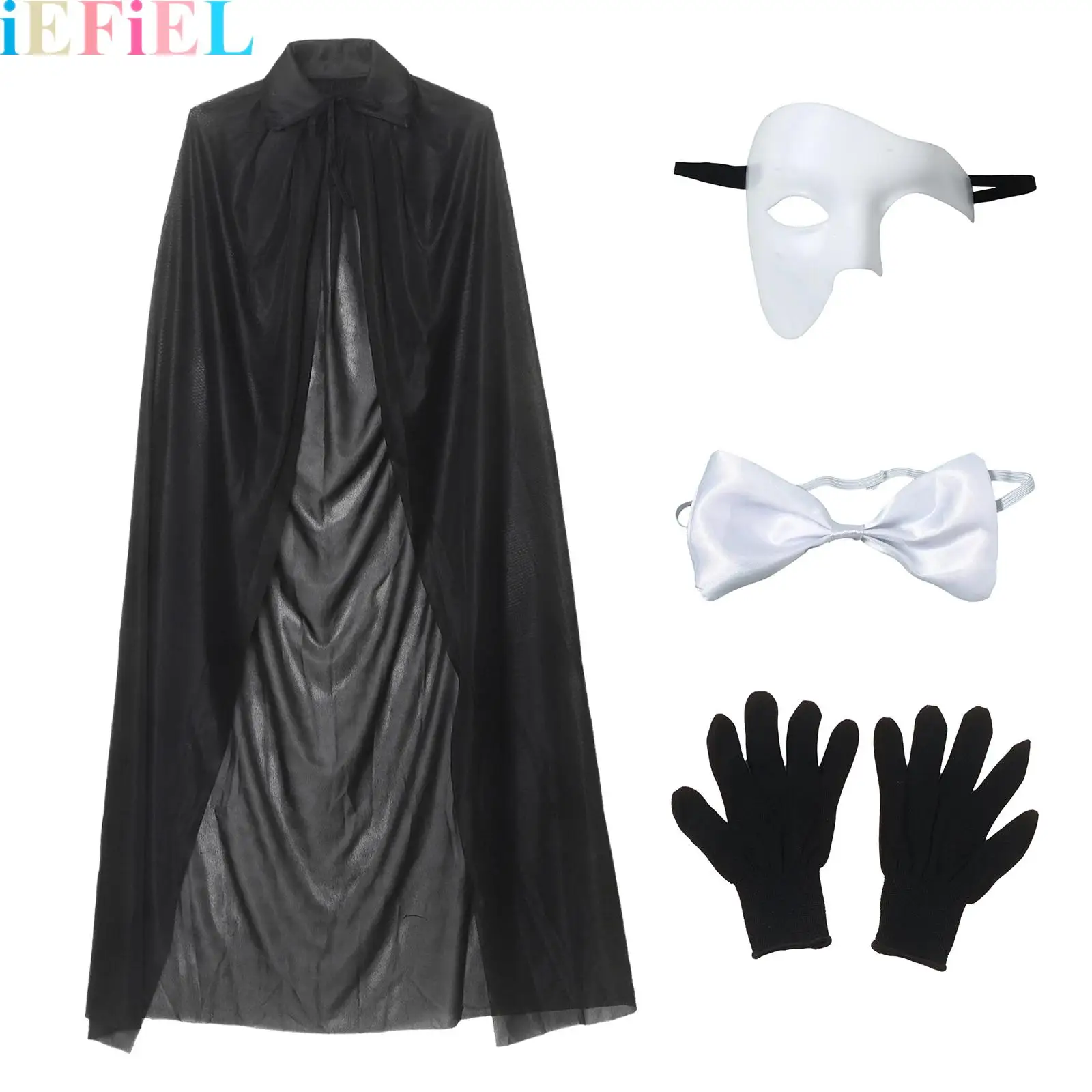 

4Pcs Gothic Costume Sets Magician Dress Up Set Half Face Mask Bowtie Cape And Gloves for Halloween Cosplay Party