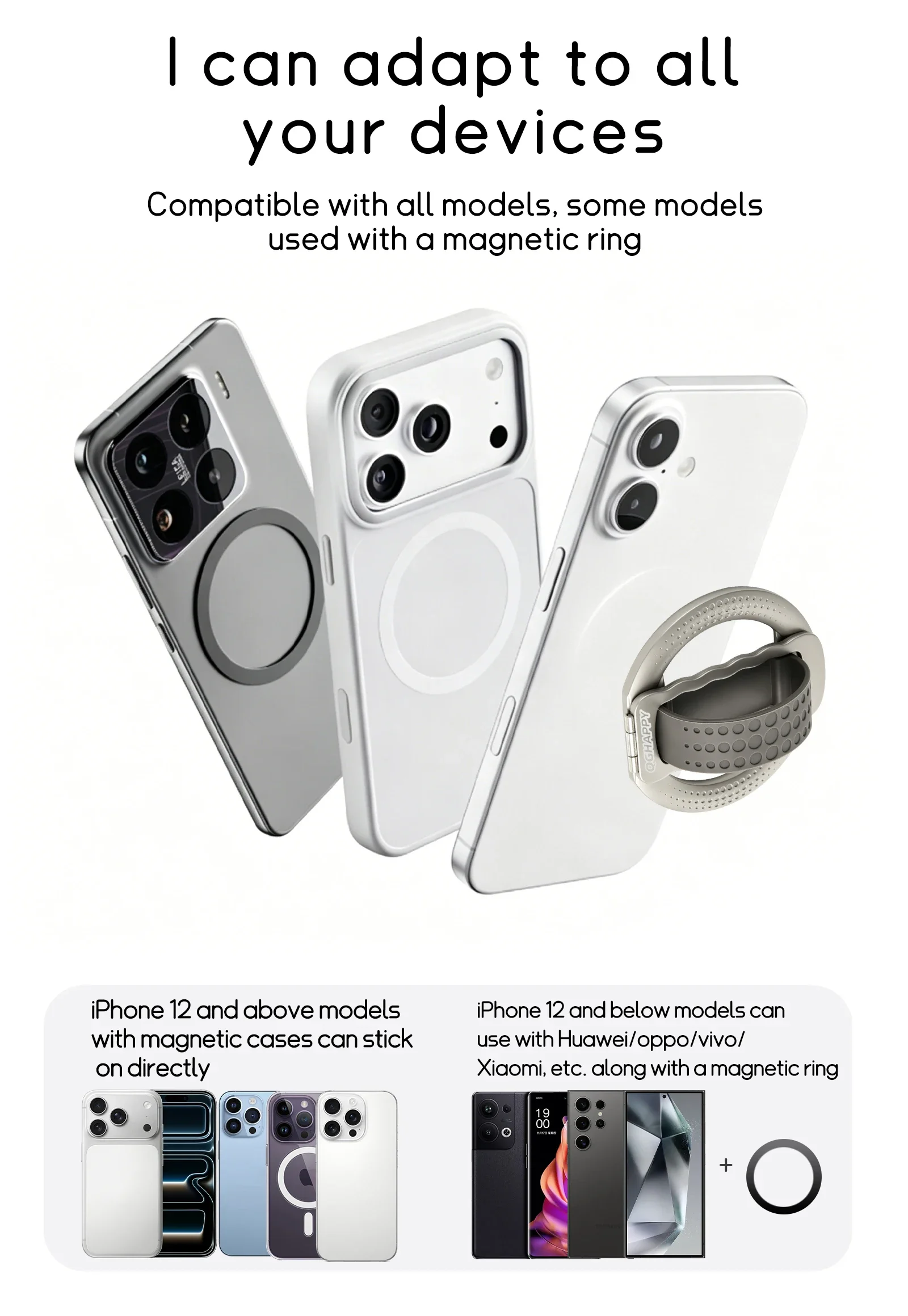 Magnetic Finger Ring Phone Holder Magsafe Silicone Strap Portable Stand for IPhone 17 16 15 Pro Max Plus Samsung Xiaomi