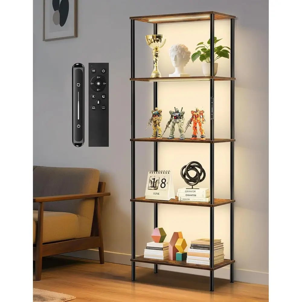 

5-уровневая книжная полка с LED-подсветкой, регулируемая по яркости, с сенсорным и дистанционным управлением, 3 цветовые температуры, высокая напольная витрина