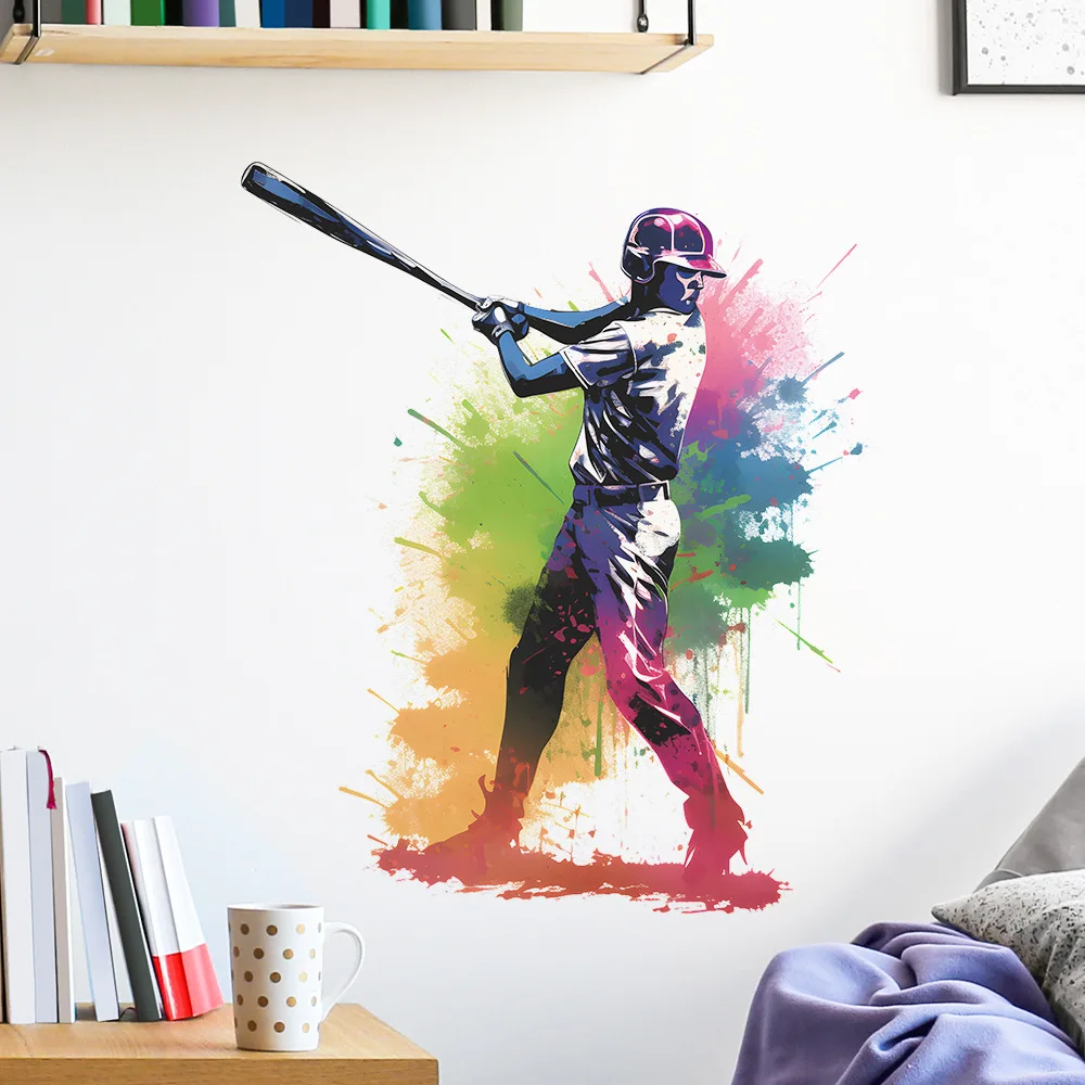 Sports Baseball Wall Decals, Vibrant Gradient Batter in Swing Pose Peel and Stick Stickers