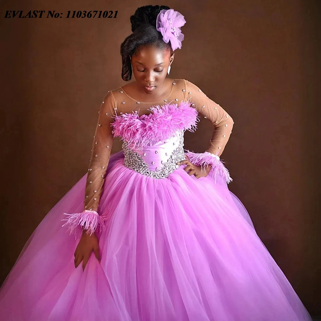 EVLAST Customized Pink Flower Girl Dress Ball Gown Beading Girl Pageant Gowns Long Sleeve Communion Girls Party Dress FD09