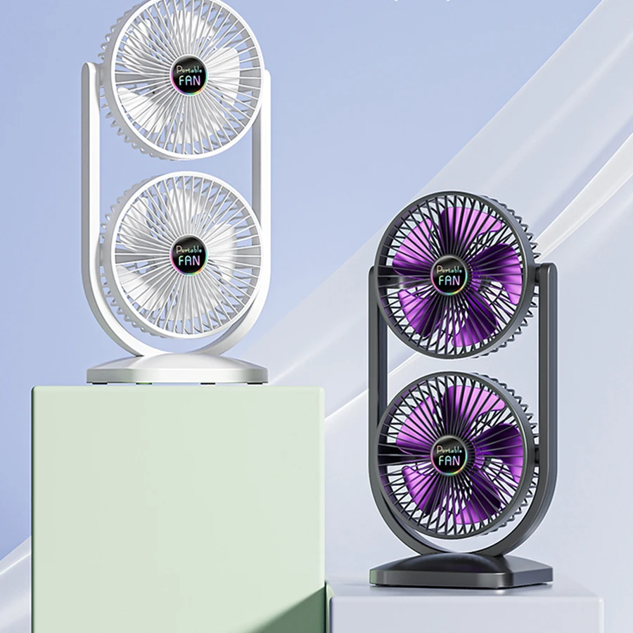 

Перезаряжаемый USB-вентилятор с двумя головками Портативный вентилятор с отдельным управлением двусторонней подачей воздуха