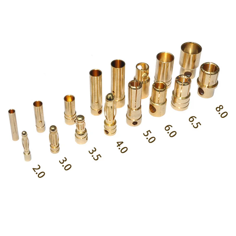 20 par/lote 2.0mm 3.0mm 3.5mm 4.0mm 5.5mm 6.0mm 8.0mm ouro bala banana conector plug para esc lipo rc bateria plugues (40 pces)