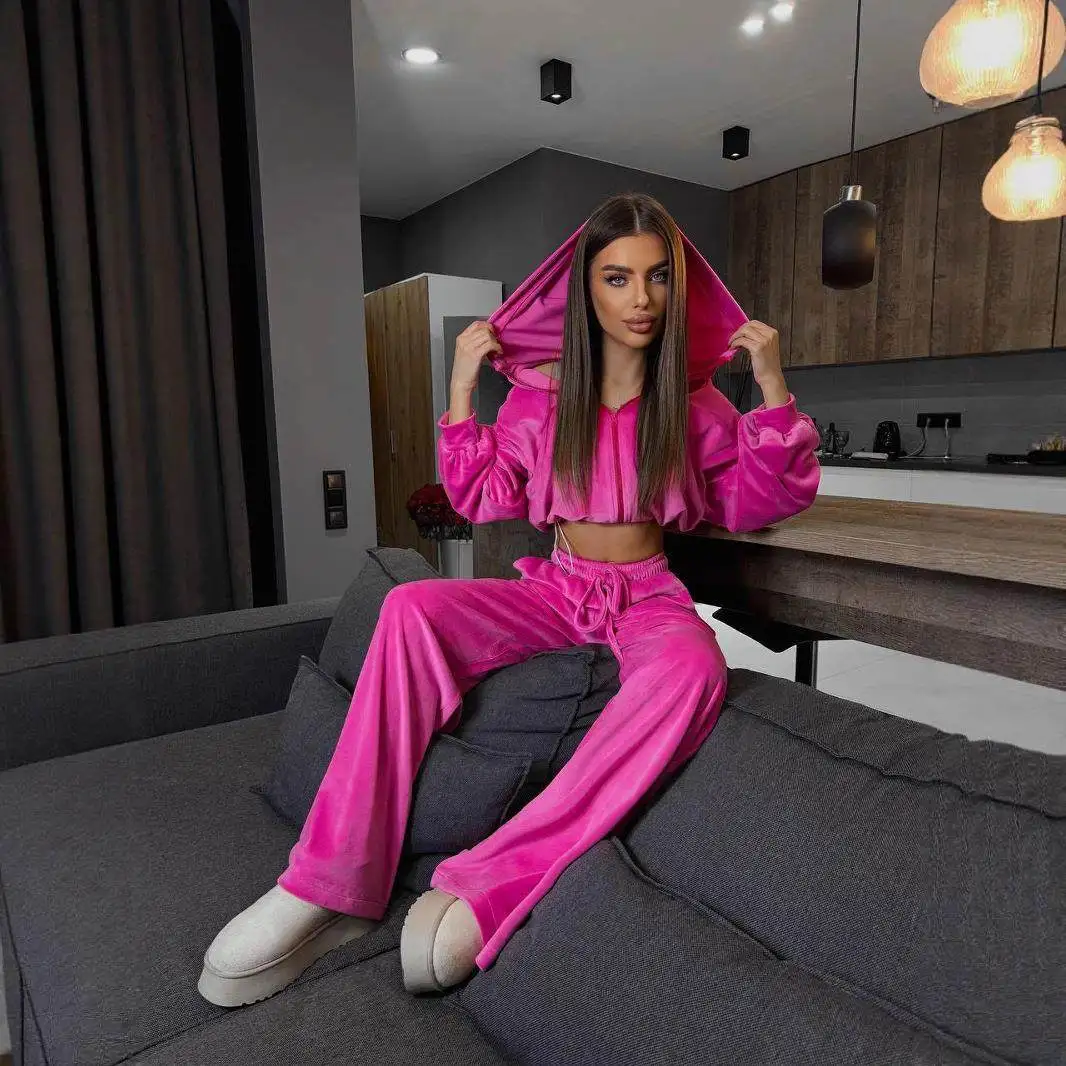 

Hooded Casual Sweatirt Set Women's Autumn Winter New Sle Two Pieces Low Waist Umbrella Soldier Pants PVC Fabric No Brand