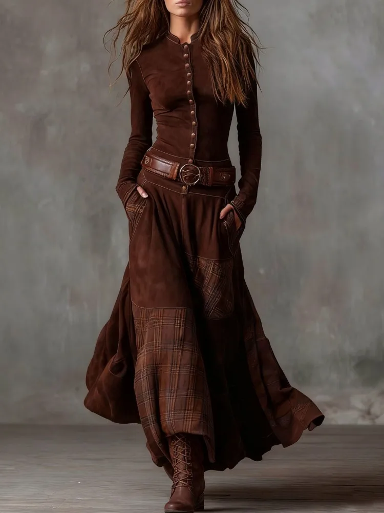 Gaun Maxi Panjang Kancing Motif Kotak-kotak Suede Elegan Wanita Seksi Model A-Line Vintage Lengan Panjang Musim Semi Gugur Dilengkapi Ikat Pinggang
