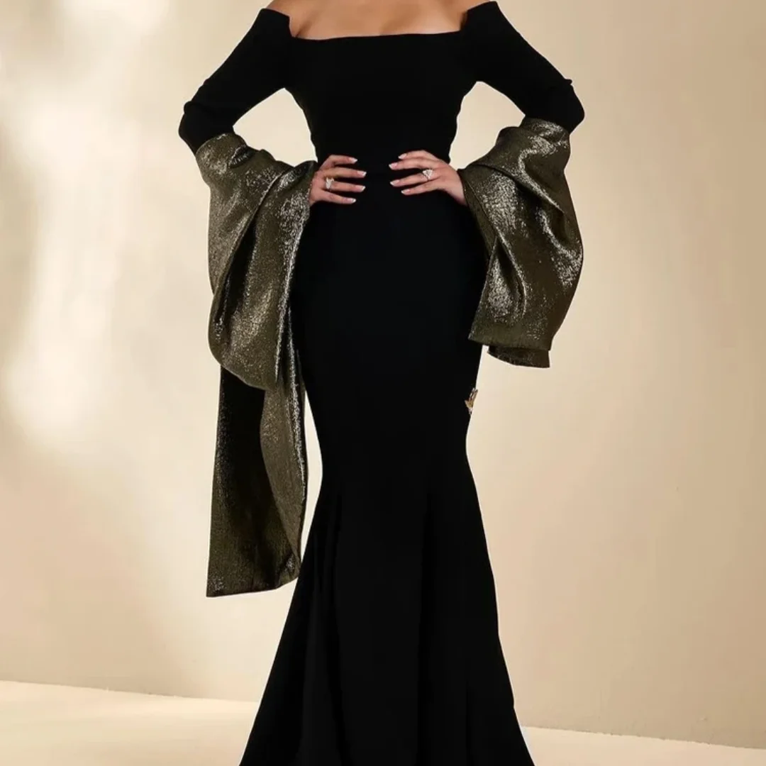 Vintage Sexy Black Mermaid Gold Ruffle Boat Neck Formal Occasion Prom Dress Elegant Evening Party Gown Customized