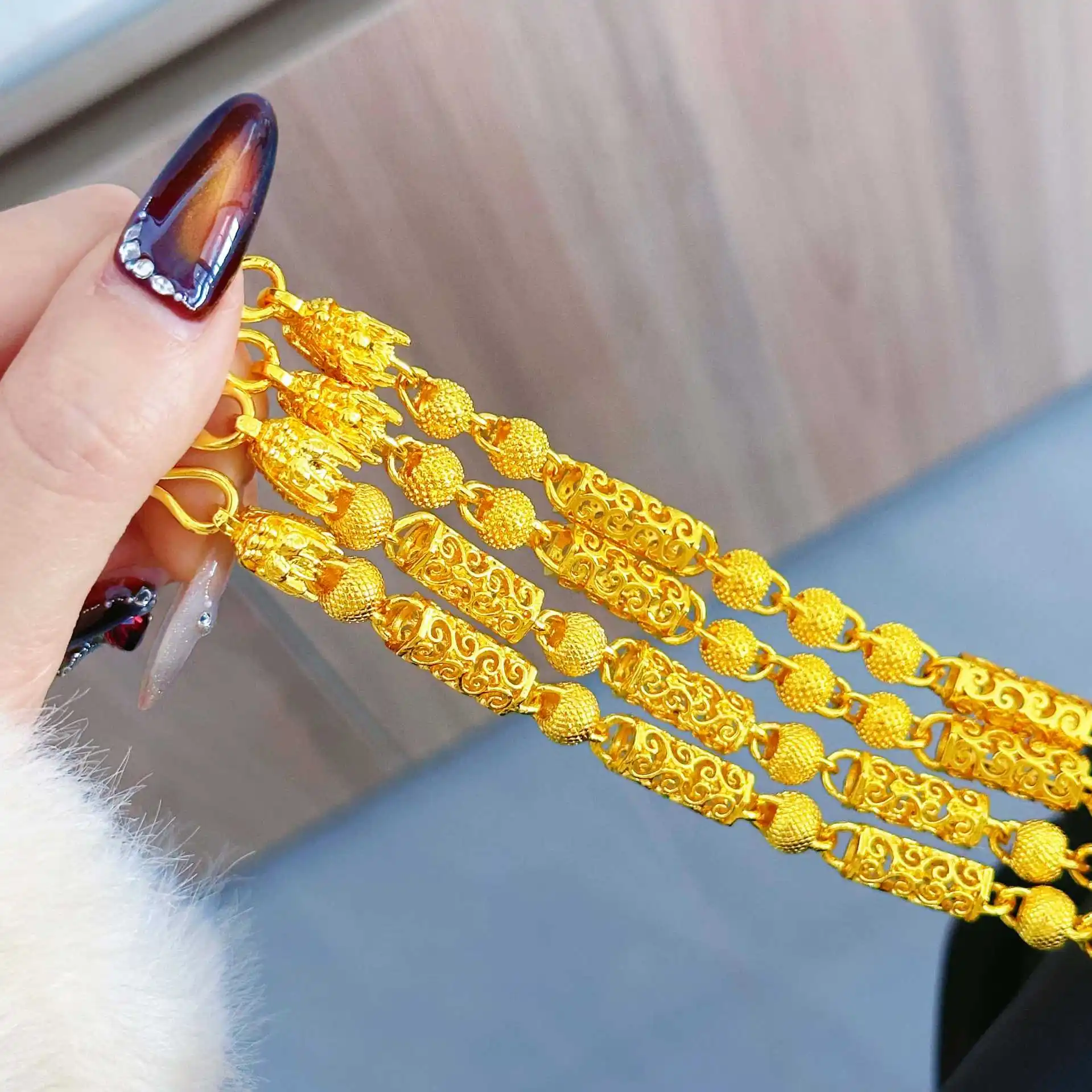 Grand One Tube Three Beads Dragon Head Auspicious Cloud Necklace Domineering Men 24K Gold AU999 Full of Aura for Men