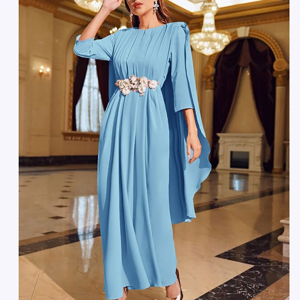 

Bule Appliques Prom Dresses Fashion O Neck Three Quarter Sleeve Formal Dress Ankle Length A Line High Quality Party Prom Gown