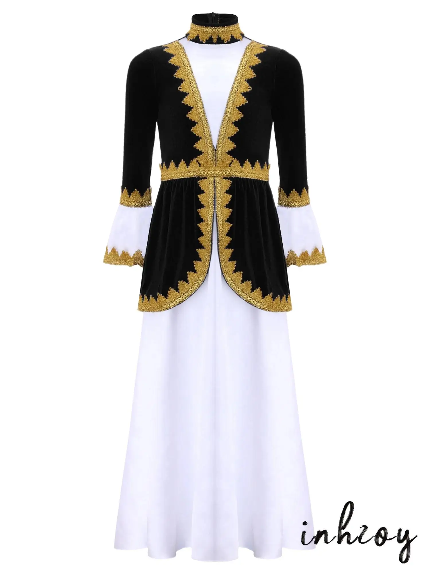 

Halloween Girls Russian Traditional Cosplay Costume Mock Neck Long Dress with Invisible Zipper Gold Decor for Cultural Events
