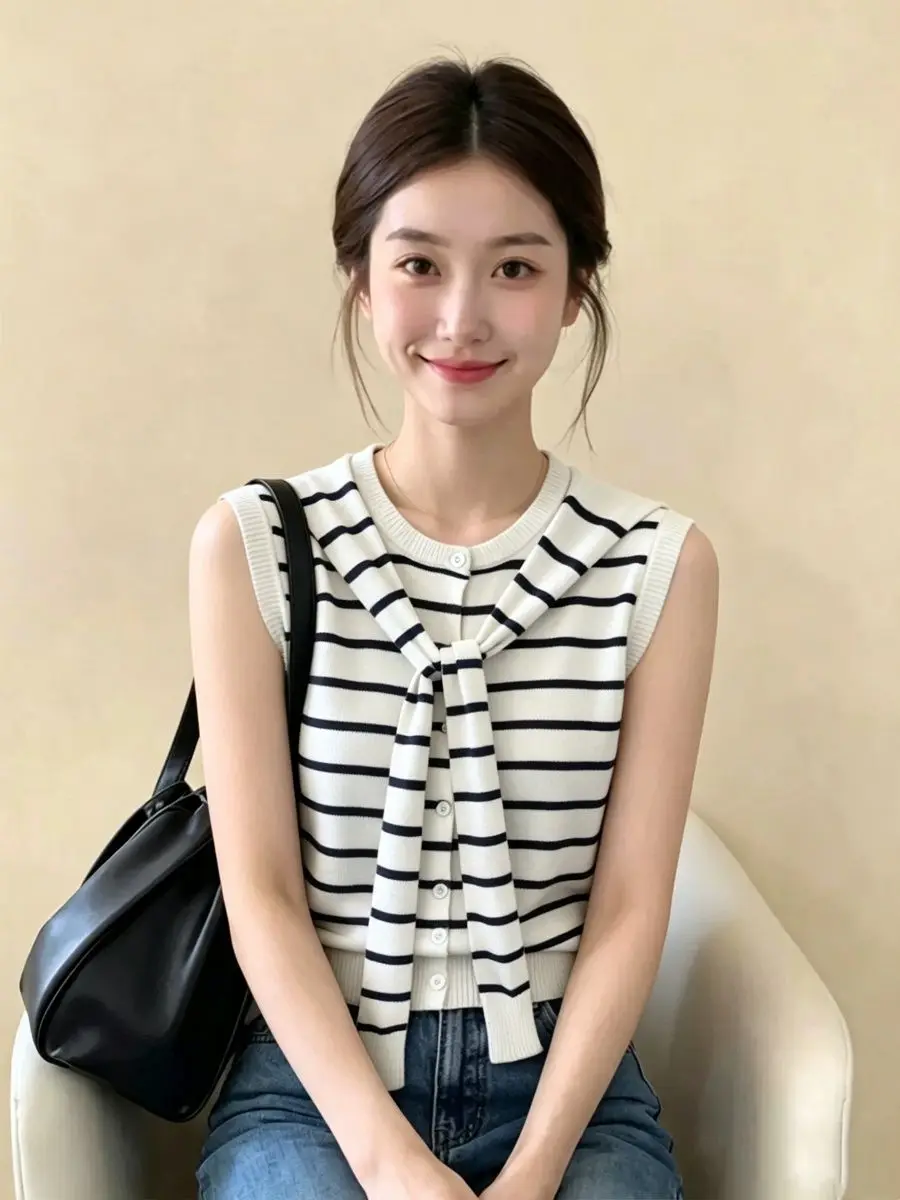 Summer Fashionable Striped Color Block Sleeveless Knitted Vest Women's Simple Style Belted Top College Style Commute Wind