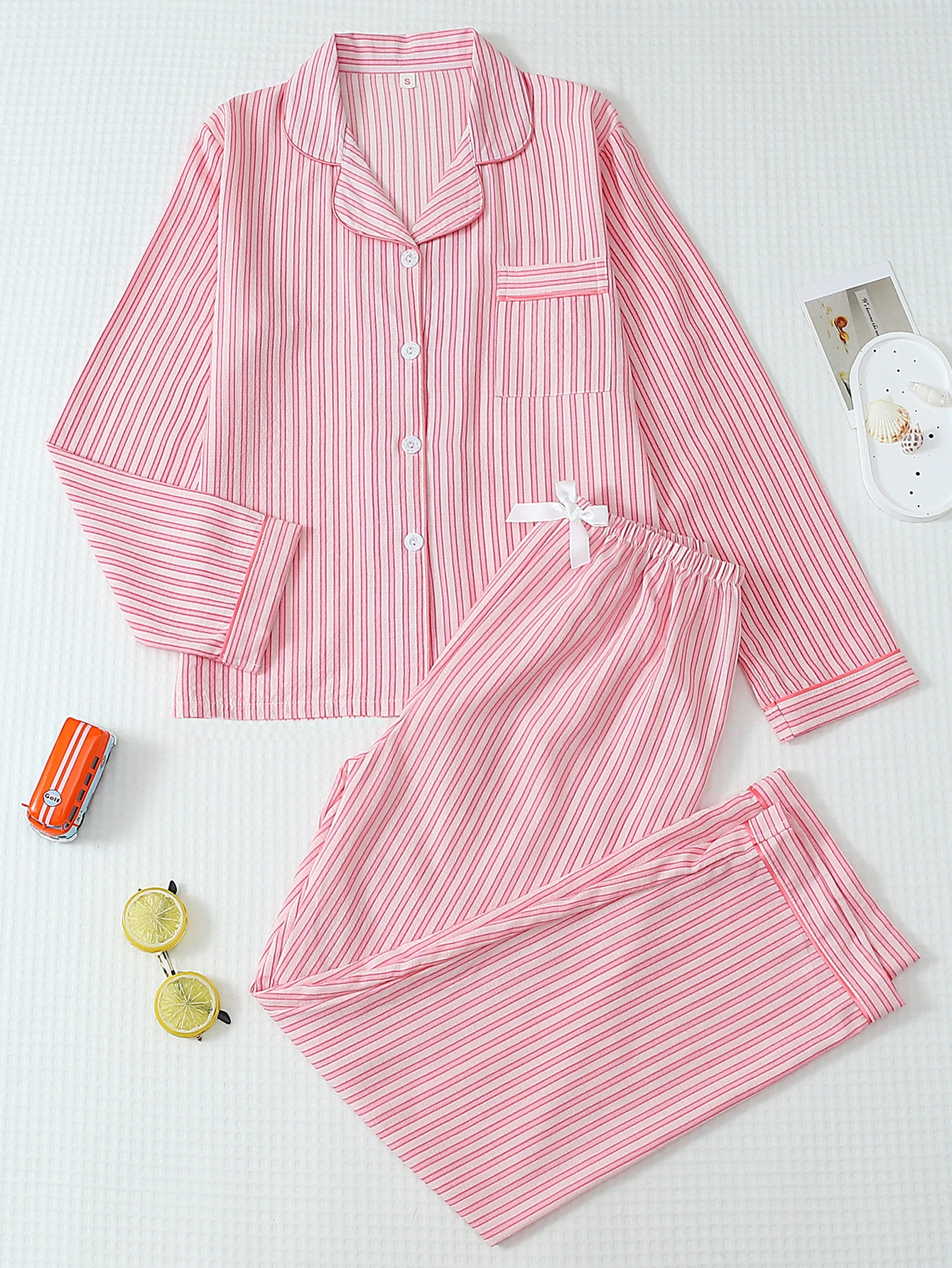 Women's Pajamas with Pink and White Striped Print, Lapel Button-Up Top and Bow-Knot Long Pants Loungewear Set Suitable for Home Use
