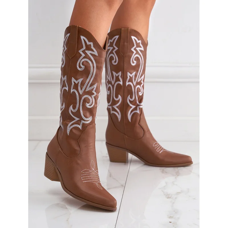 New Chunky Heel Hundred Western Cowboy Boots Embroidered Sleeve Rider Boots Vintage Mid Calf Large Size Horse Boots