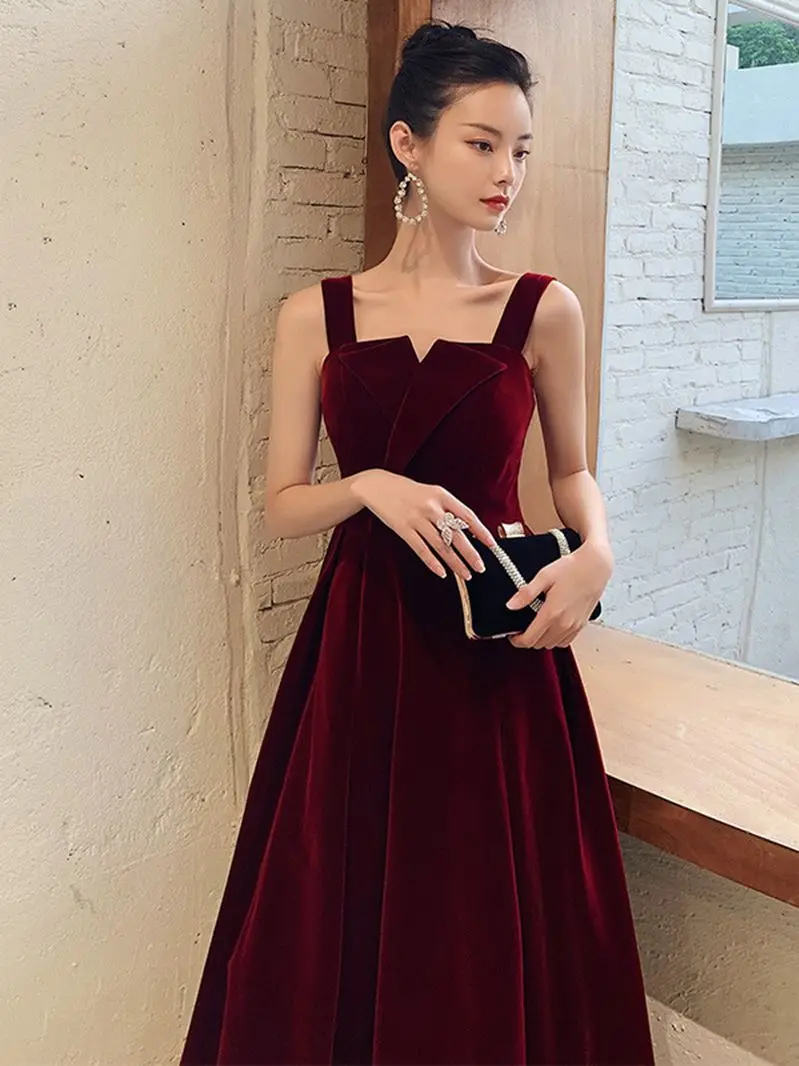 Burgundy Velvet Evening Dress Elegant Spaghetti Strap Ruched Engagement Gown Sexy Backless Zip Simple Ankle-Length Party Vesidos