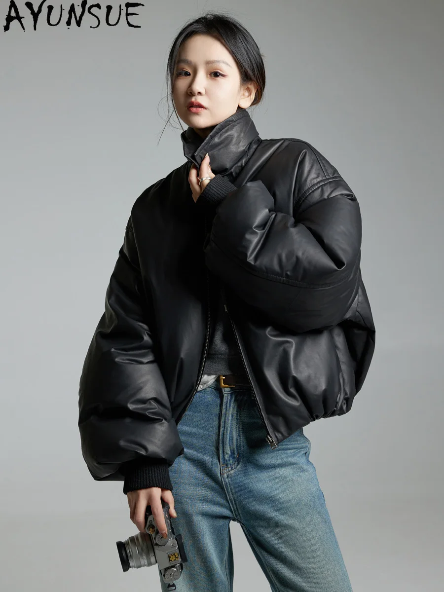 AYUNSUE Kurtka damska z prawdziwej skóry owczej, odzież zimowa, 90% białego puchu gęsiego, płaszcze damskie w stylu vintage, Jaqueta De Couro