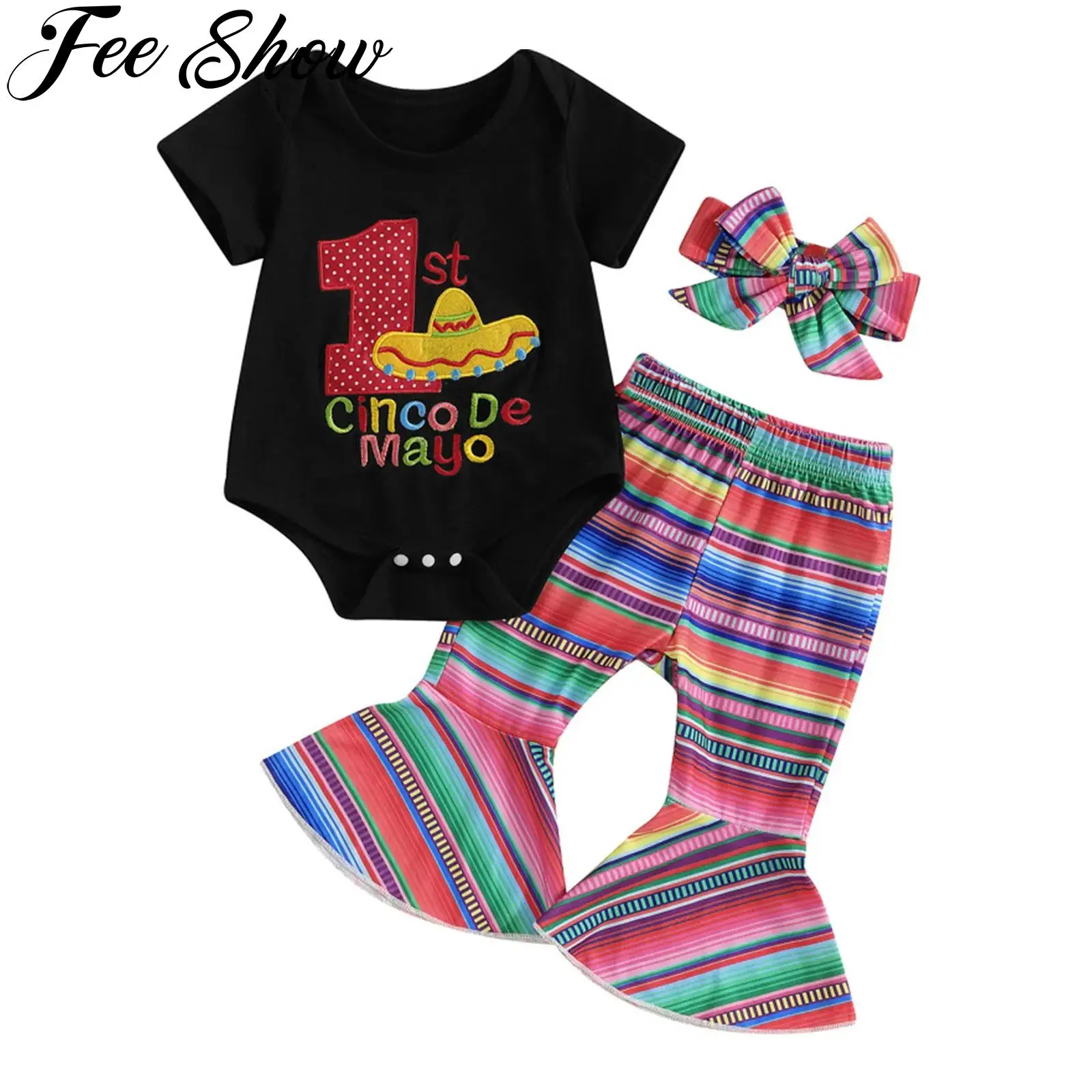 

Наряд на первый день рождения для маленьких девочек: комбинезон с короткими рукавами и вышивкой букв, разноцветные полосатые расклешенные брюки, повязка на голову, праздничный комплект