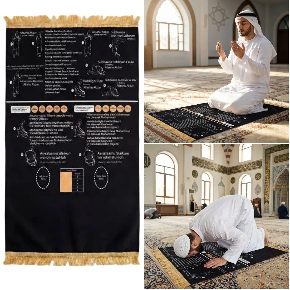 Foldable Step By Step Educational Prayer Mat Visual Instructions Portable Bilingual Guided Prayer Mat Non-Slip Guided Prayer Mat