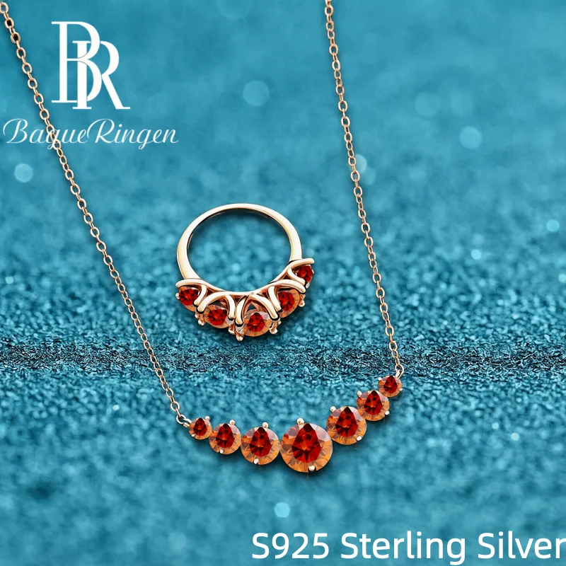 Jellystory Elegant Row Moissanite Ring & Pendant Set S925 Silver Rose Gold Plated 5-Stone Design Sparkling Round Wedding Jewelry