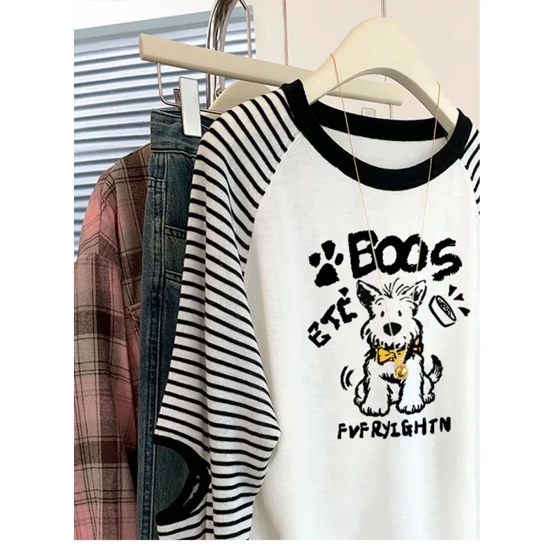 Round Neck Letter Stripe Print Casual Contrast Raglan Long-sleeved T-shirt Women's Bottoming Shirt Loose Top