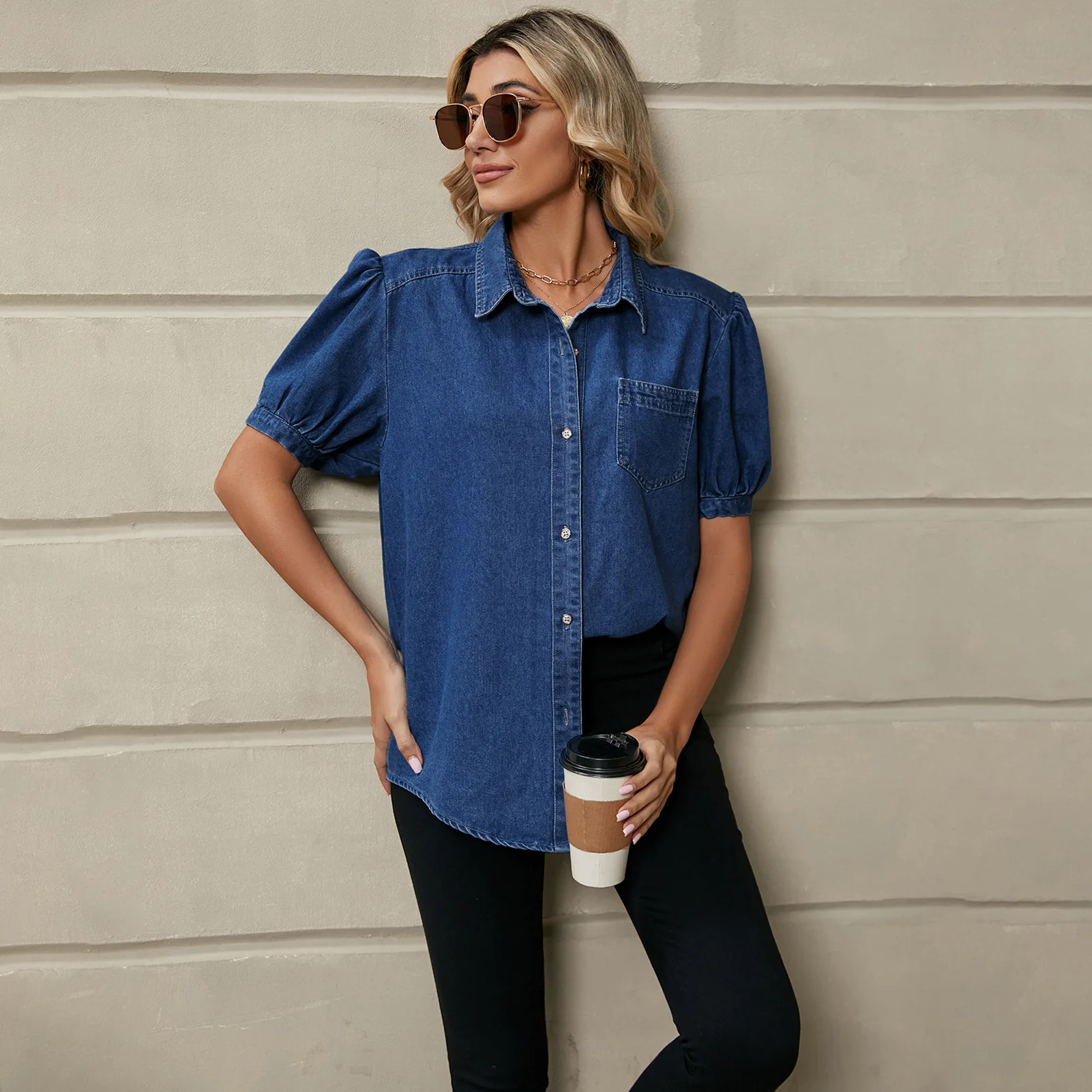 

2026 Denim Shirts for Women Washed Blouse Princess Sleeve Single Breasted Pockets Turn Down Collar Tops Overshirt Streetwear