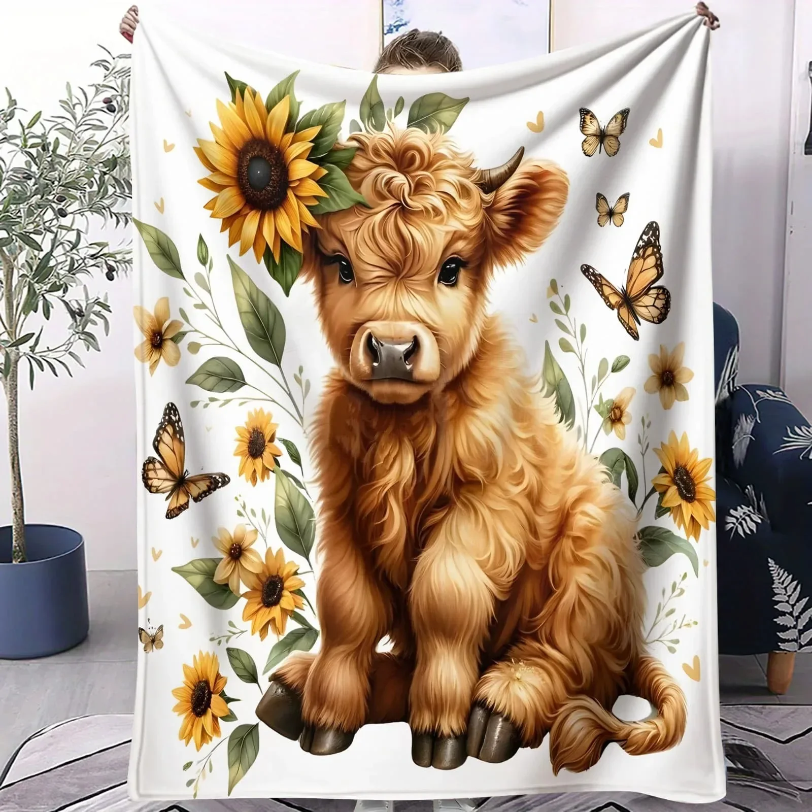 

Фланелевое одеяло Forest Healing Highland Cow с дизайном подсолнухов и бабочек, уютный плед для спальни и дивана, идеально подходит для мам.