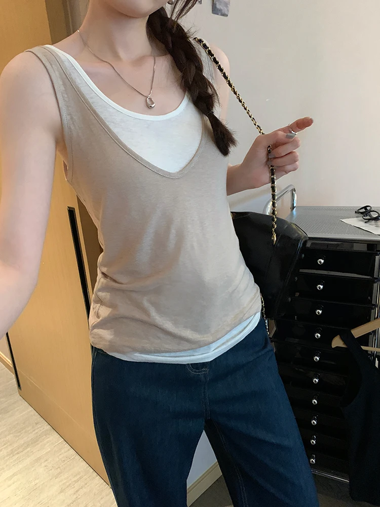 New 2026 Women's Unique Linen Sleeveless Vest Inner Wear V-Neck Thin Regular Length Pure Color Front Buttoned Top