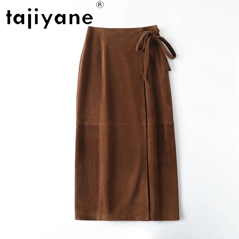 TAJIYANE Sheep Suede Vintage Women's Skirts Genuine Leather Skirt Long Skirts for Woman Side Slit Belted Skirts 2026 Woman Юбка